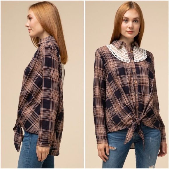 NEW Plaid Print Front Twist Button Up Top with Crochet Lace Details - Picture 2 of 4